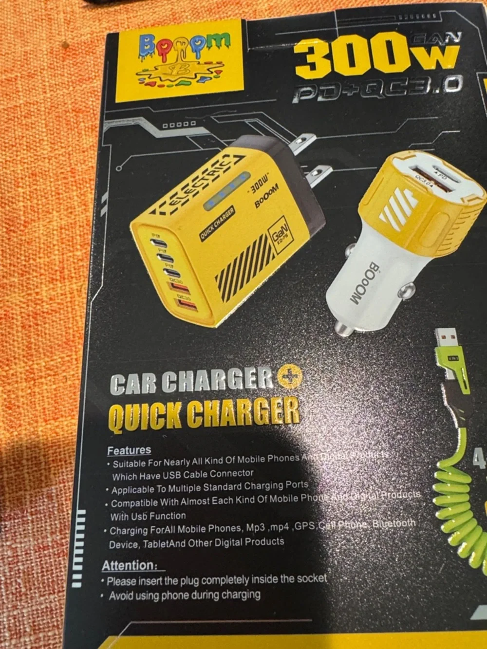 300W Yellow Car & Quick USB Charger with Coil Cable